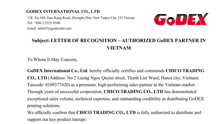 CHICO – Đối Tác Phân Phối Chính Hãng Máy In Mã Vạch GoDEX Được GoDEX International Chứng Nhận Tại Việt Nam