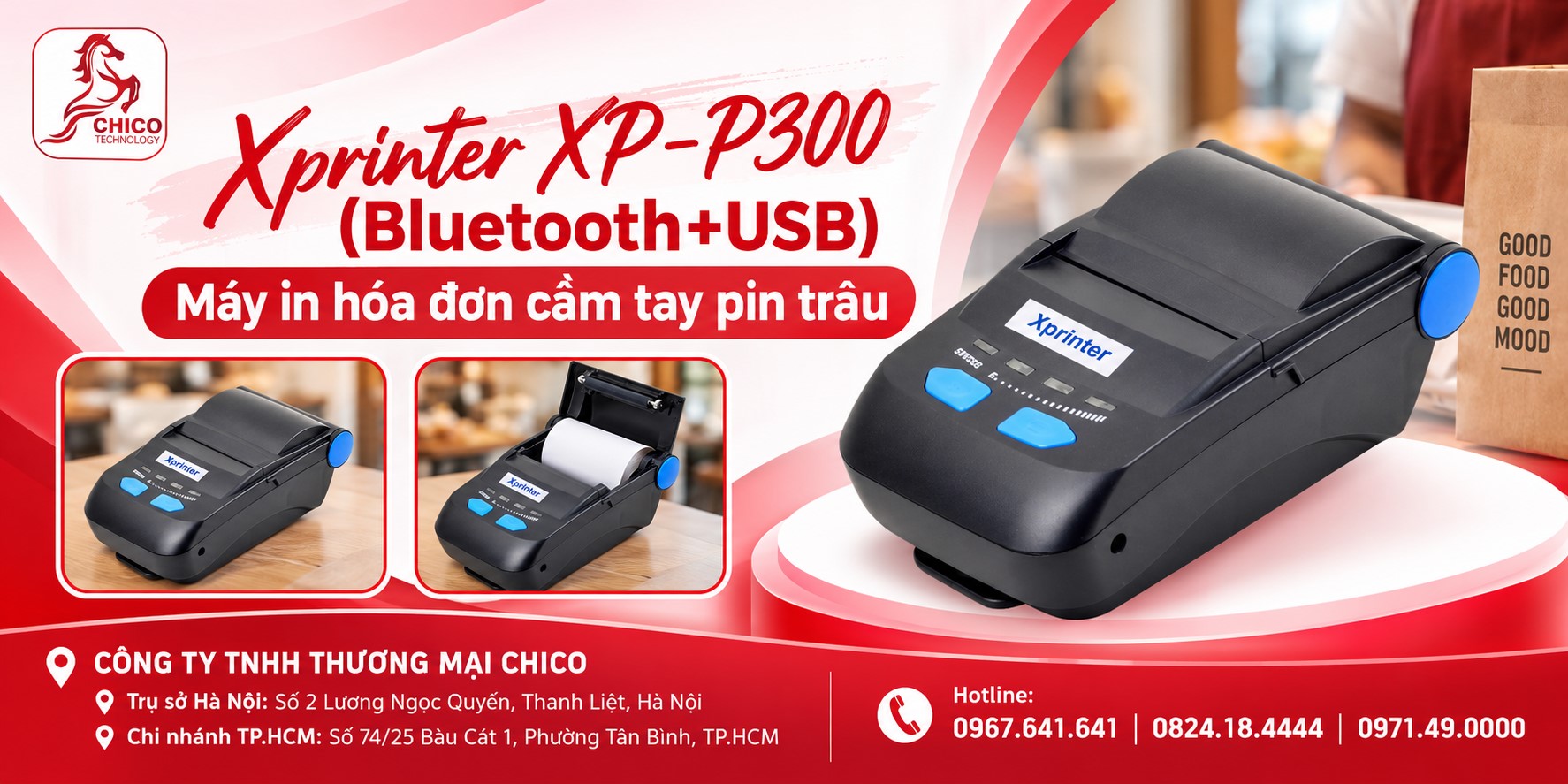 Máy In Hóa Đơn Cầm Tay Xprinter XP-P300 Bluetooth + USB Pin Trâu