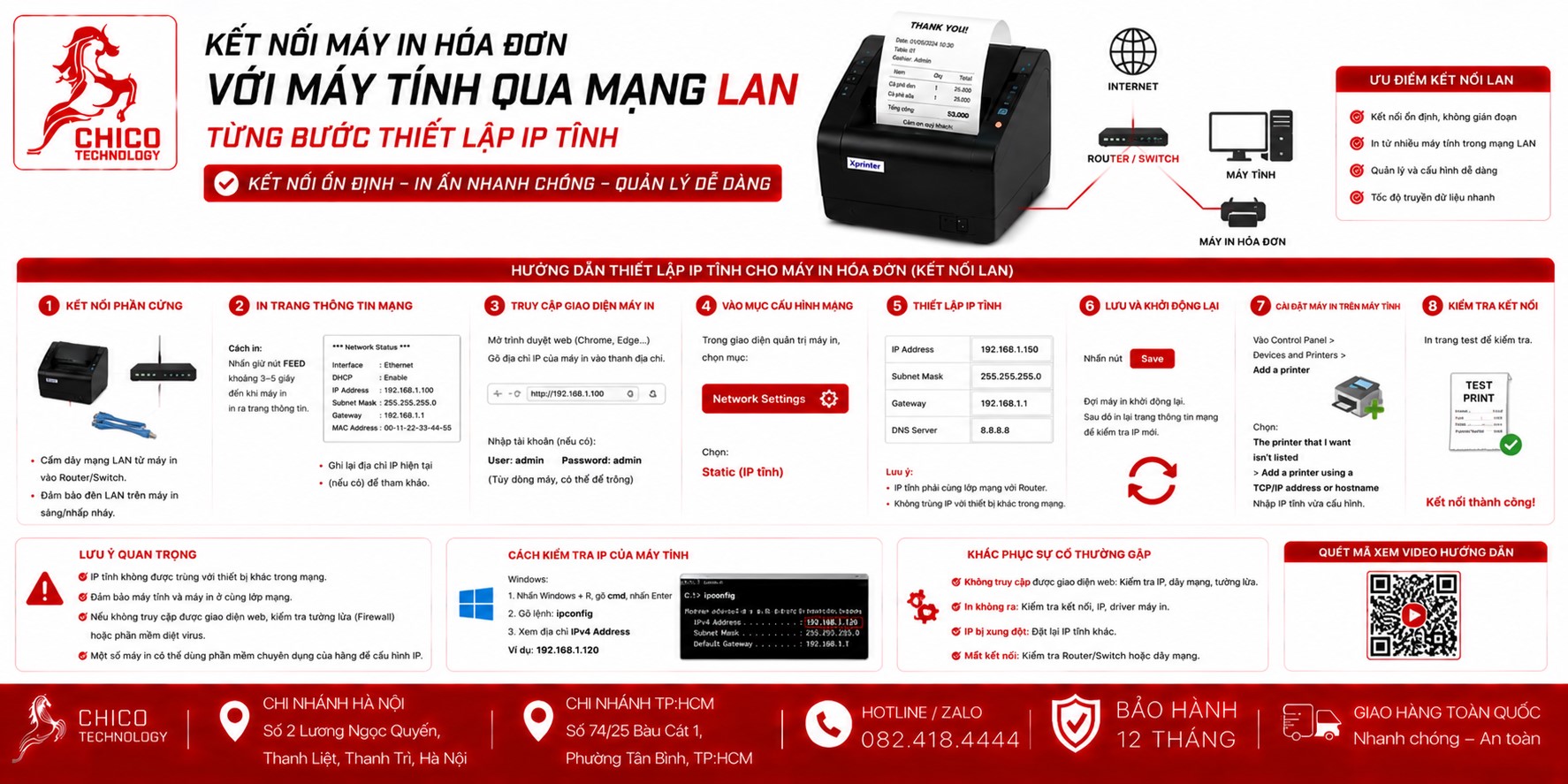 Hướng Dẫn Kết Nối Máy In Hóa Đơn Qua Mạng LAN (IP Tĩnh)