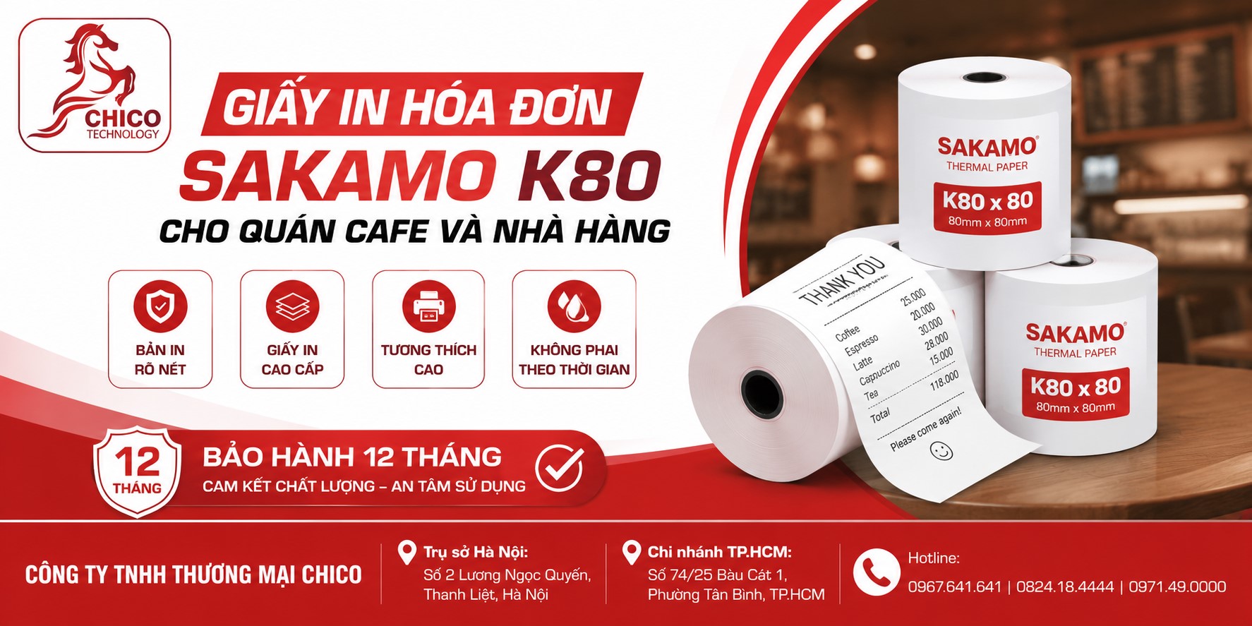 Giấy In Hóa Đơn Sakamo K80 Cho Quán Cafe & Nhà Hàng