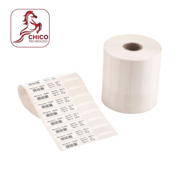 Giấy In Mã Vạch PVC 1 Tem Vàng 42x10x50m Đuôi 30 | Decal Nhựa Siêu Bền