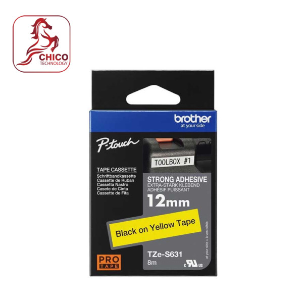 Nhãn TZe-s631 siêu dính - Chữ đen trên nền vàng 12mm