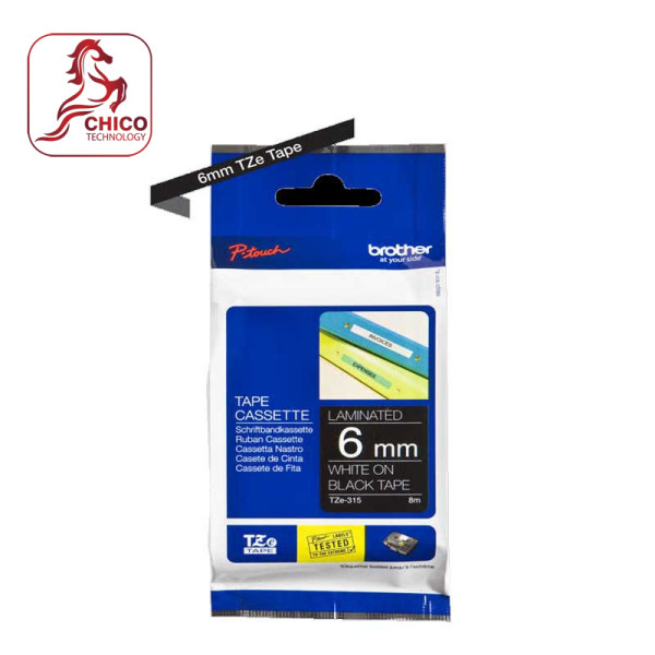 Nhãn TZe-315 tiêu chuẩn - Chữ trắng trên nền đen 6mm